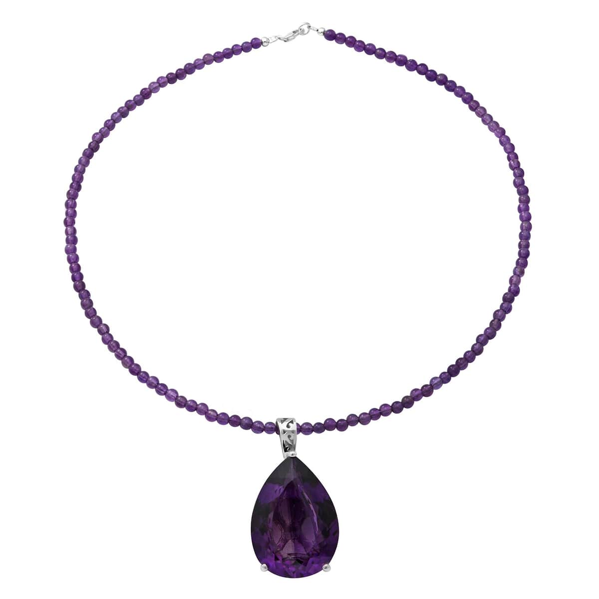 Lusaka Amethyst 90.00 ctw Solitaire Pendant with Beaded Necklace 18 Inches in Platinum Over Sterling Silver image number 3