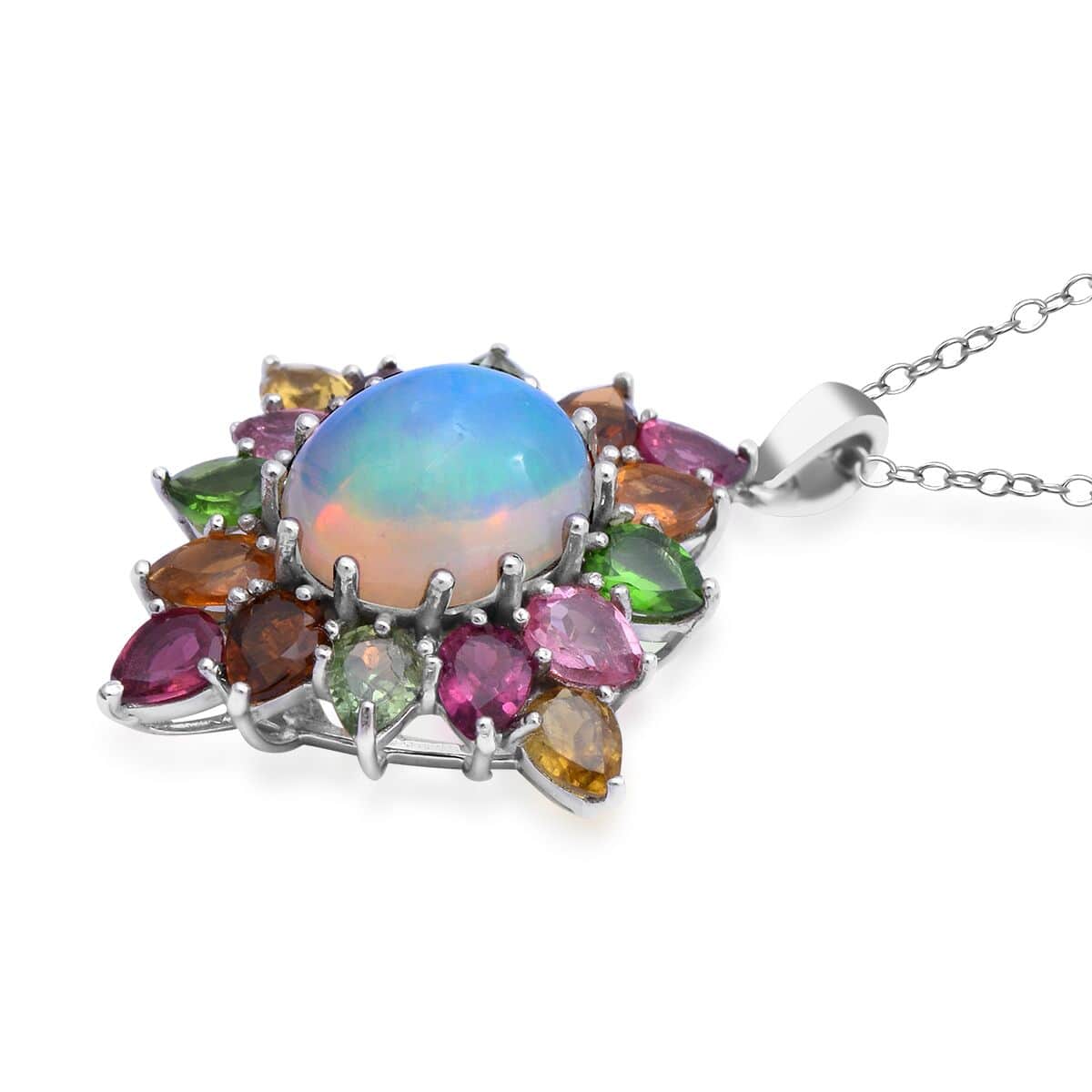 Ethiopian Welo Opal and Multi-Tourmaline Floral Pendant Necklace 18 Inches in Platinum Over Sterling Silver 4.15 ctw image number 2