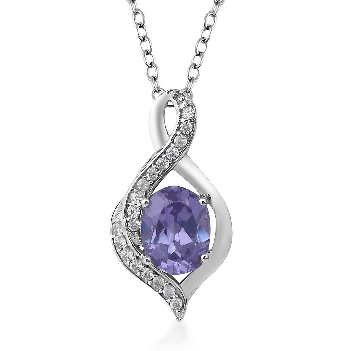 Lab Created Alexendrite, White Zircon Ring Size 5.0 and Pendant Necklace 18 Inches in Platinum Over Sterling Silver 6.10 ctw image number 4