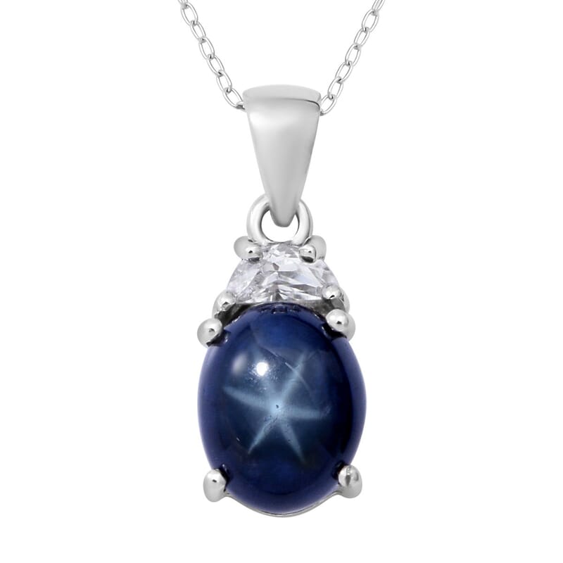 Blue Star Sapphire (DF) and White Zircon Pendant Necklace 18 Inches in Platinum Over Sterling Silver (Size 10.0) 3.65 ctw