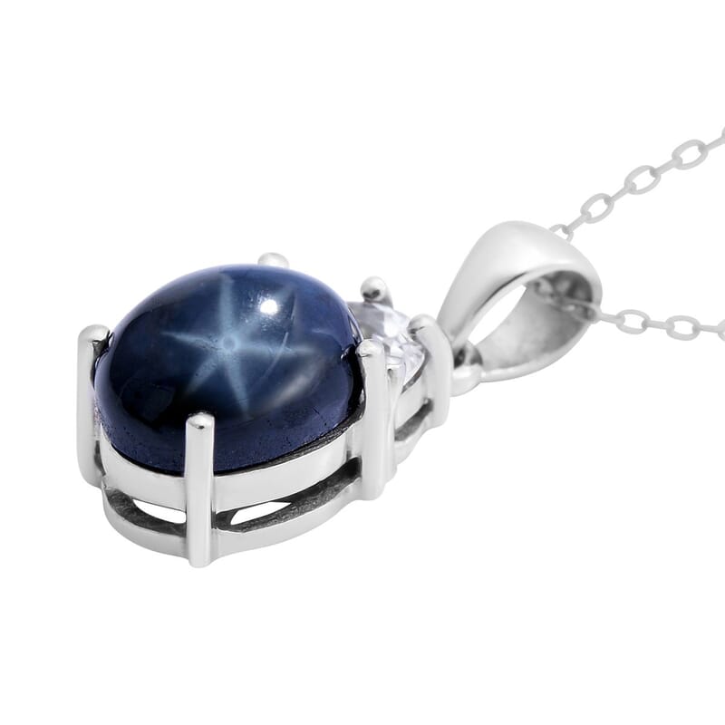 Blue Star Sapphire (DF) and White Zircon Pendant Necklace 18 Inches in Platinum Over Sterling Silver (Size 10.0) 3.65 ctw