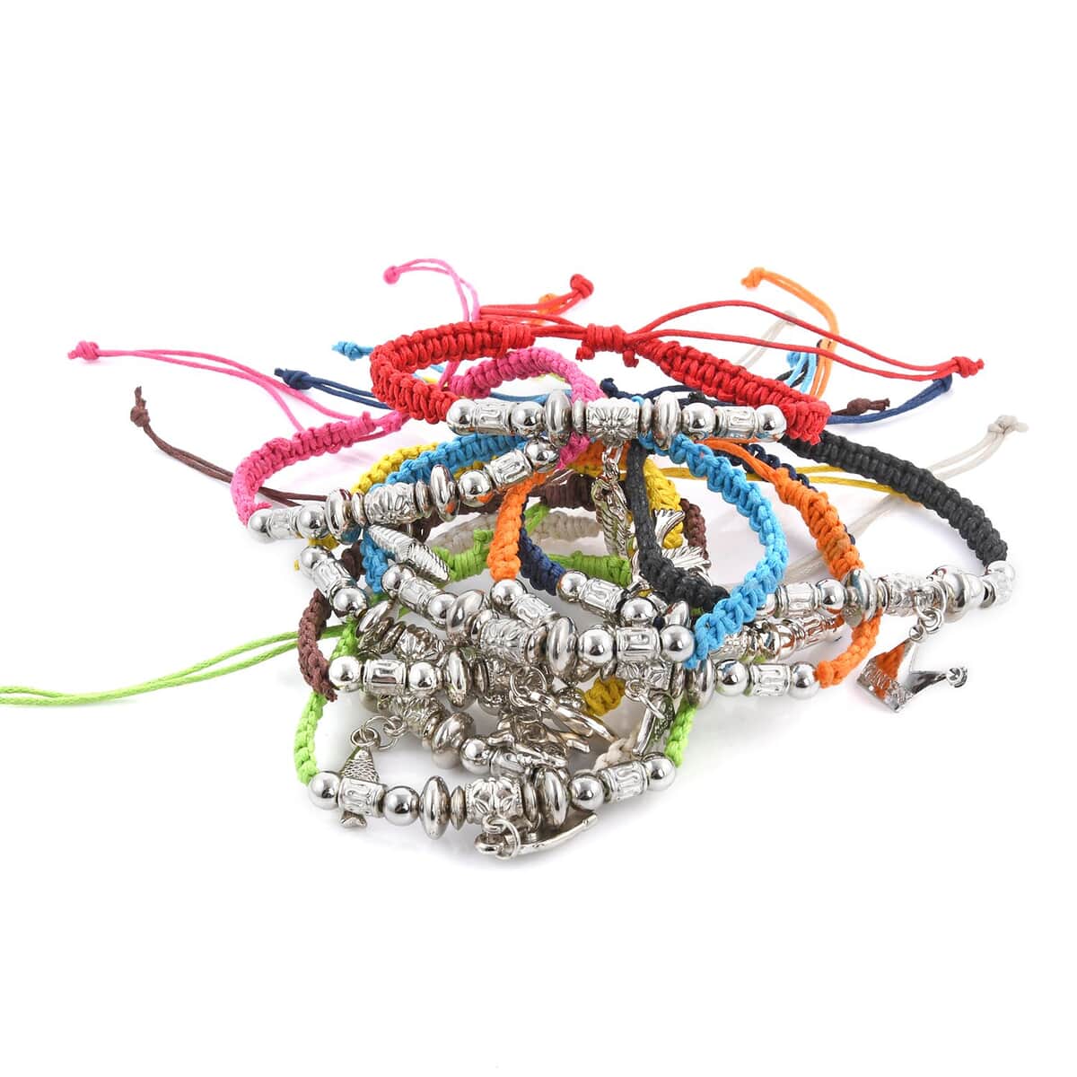 Set of 10 Multi Color Wax Cord Adjustable Friendship Bracelet with Multi Charms image number 0