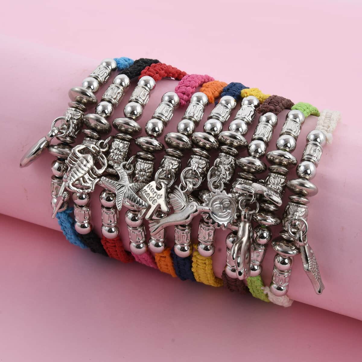 Set of 10 Multi Color Wax Cord Adjustable Friendship Bracelet with Multi Charms image number 1