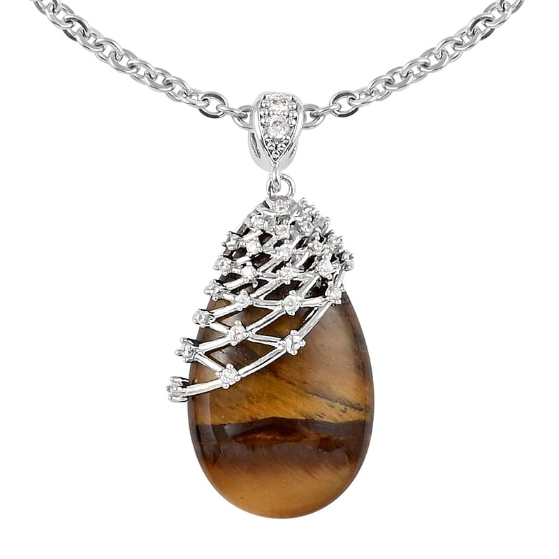 Yellow Tiger's Eye, White Zircon Pendant Necklace (18-20 Inches) in Silvertone & Stainless Steel 25.00 ctw , Tarnish-Free, Waterproof, Sweat Proof Jewelry