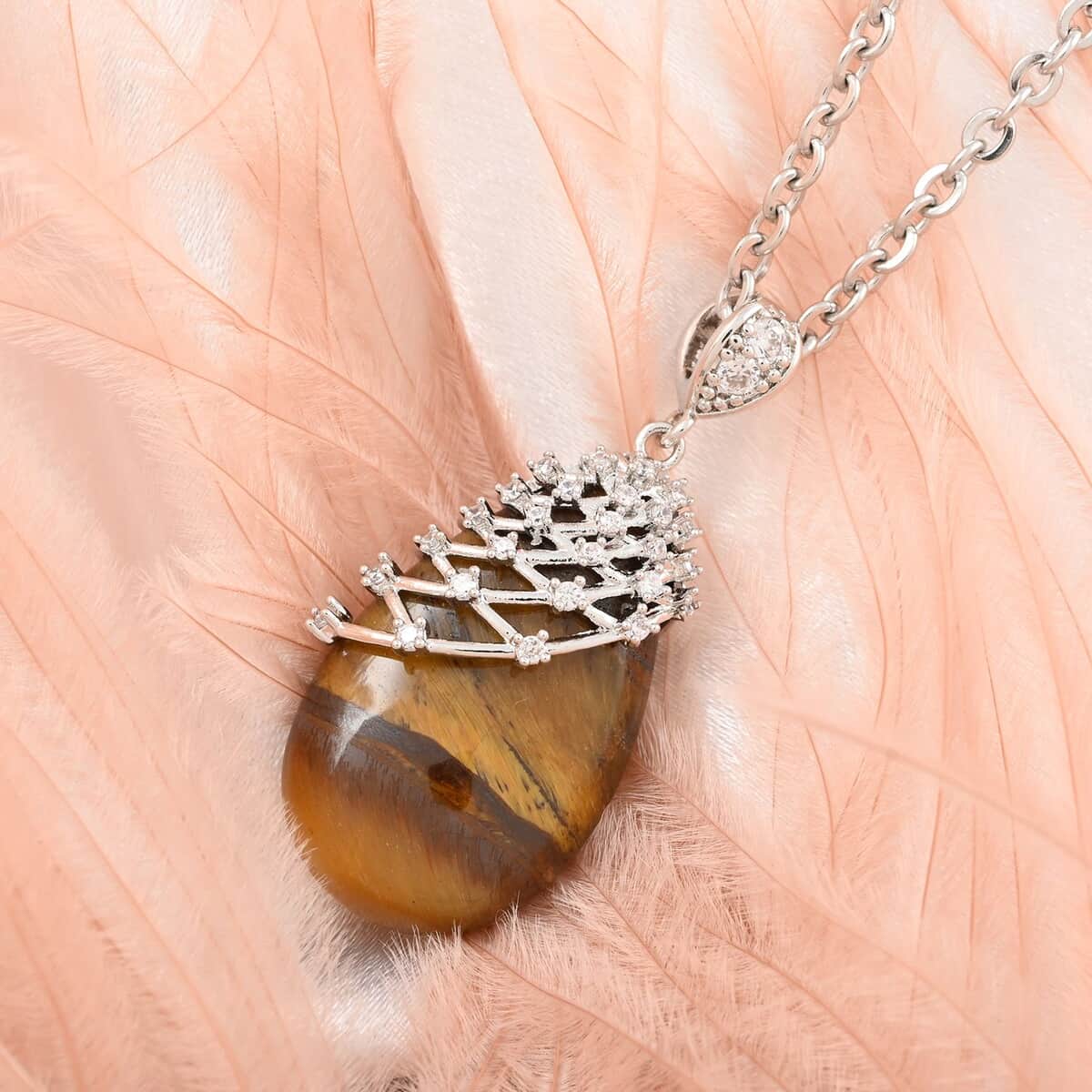 South African Yellow Tiger's Eye, Natural White Zircon Pendant Necklace 18-20 Inches in Silvertone & Stainless Steel 23.00 ctw image number 1