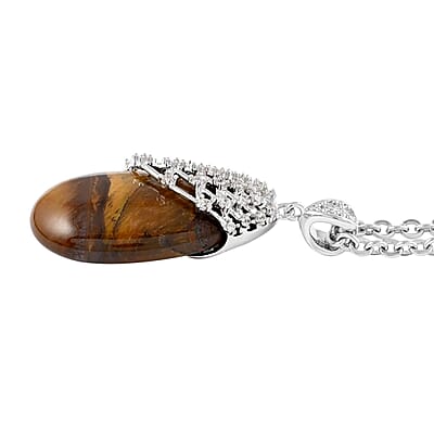 Yellow Tiger's Eye, White Zircon Pendant Necklace (18-20 Inches) in Silvertone & Stainless Steel 25.00 ctw , Tarnish-Free, Waterproof, Sweat Proof Jewelry
