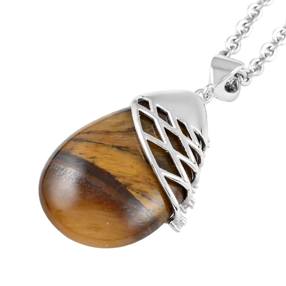 Yellow Tiger's Eye, White Zircon Pendant Necklace (18-20 Inches) in Silvertone & Stainless Steel 25.00 ctw , Tarnish-Free, Waterproof, Sweat Proof Jewelry image number 4