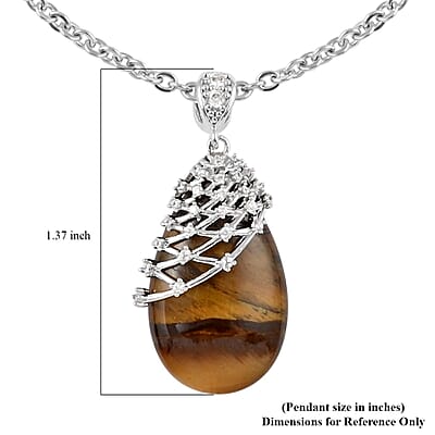 Yellow Tiger's Eye, White Zircon Pendant Necklace (18-20 Inches) in Silvertone & Stainless Steel 25.00 ctw , Tarnish-Free, Waterproof, Sweat Proof Jewelry