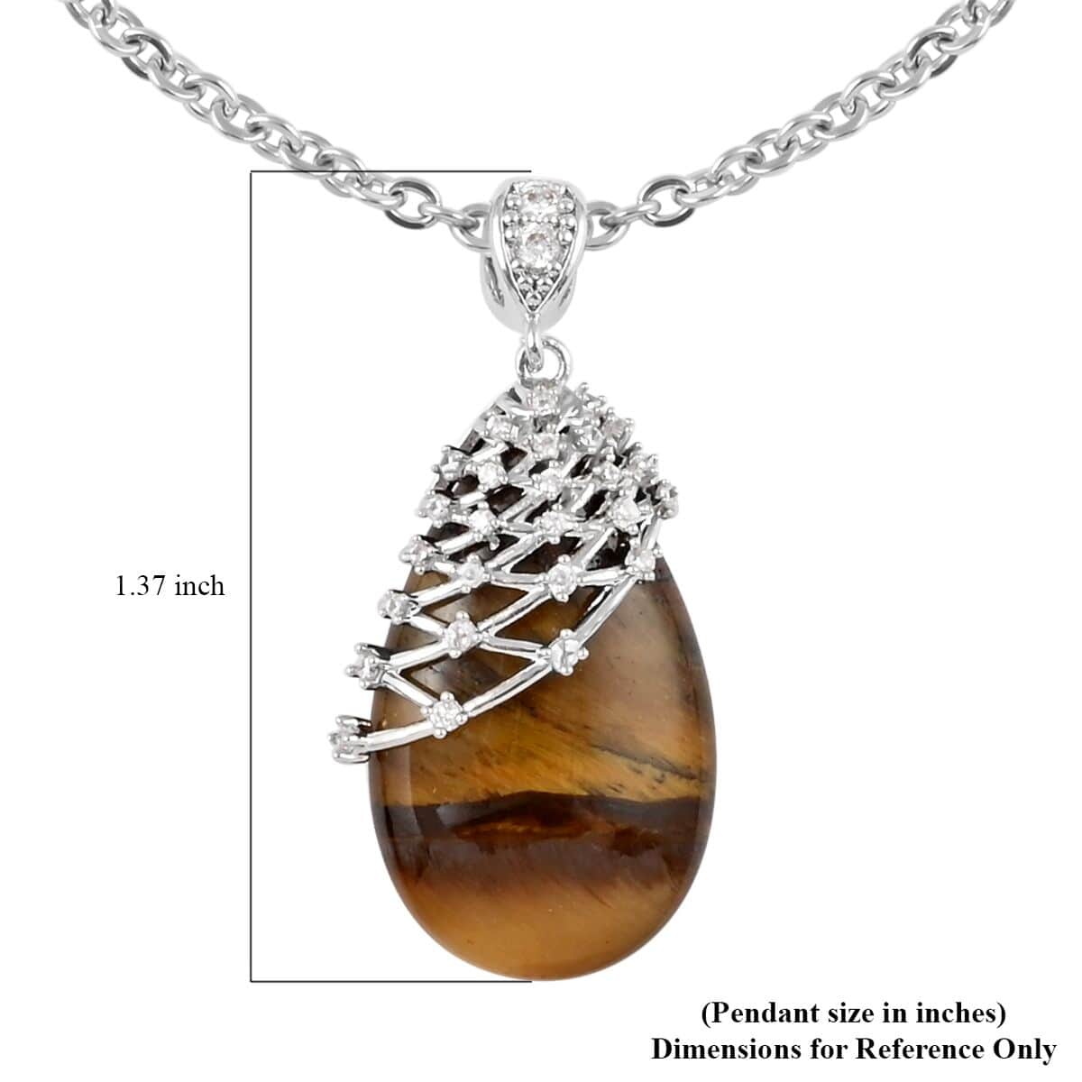 Yellow Tiger's Eye, White Zircon Pendant Necklace (18-20 Inches) in Silvertone & Stainless Steel 25.00 ctw , Tarnish-Free, Waterproof, Sweat Proof Jewelry image number 6