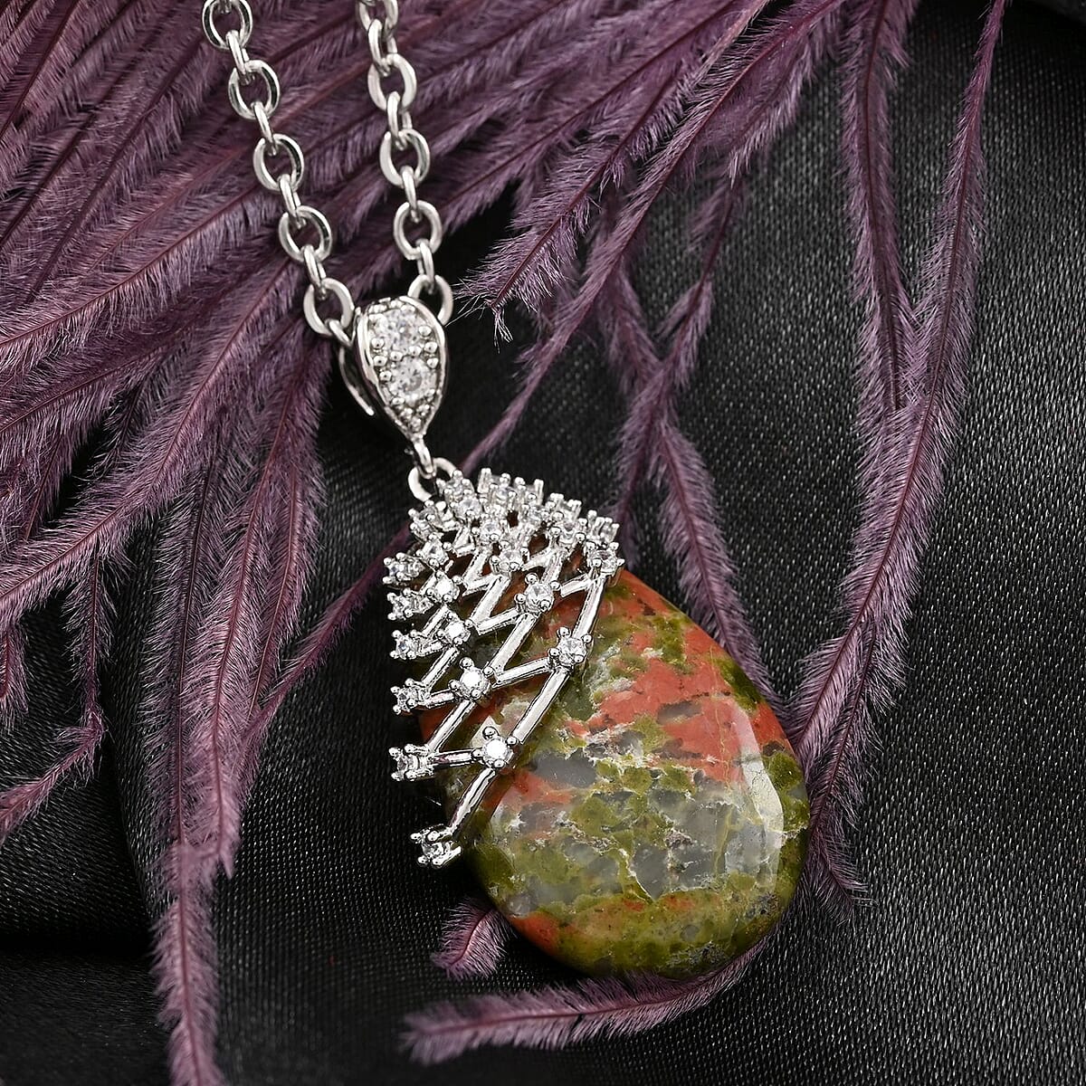 Unakite and White Zircon Pendant in Silvertone with Stainless Steel Necklace 18-20 Inches 21.00 ctw image number 1