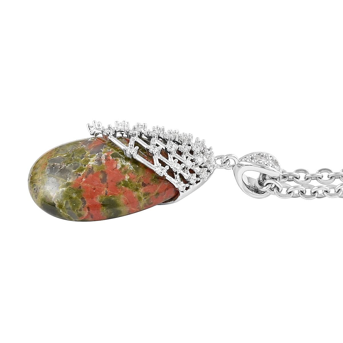 Unakite and White Zircon Pendant in Silvertone with Stainless Steel Necklace 18-20 Inches 21.00 ctw image number 3