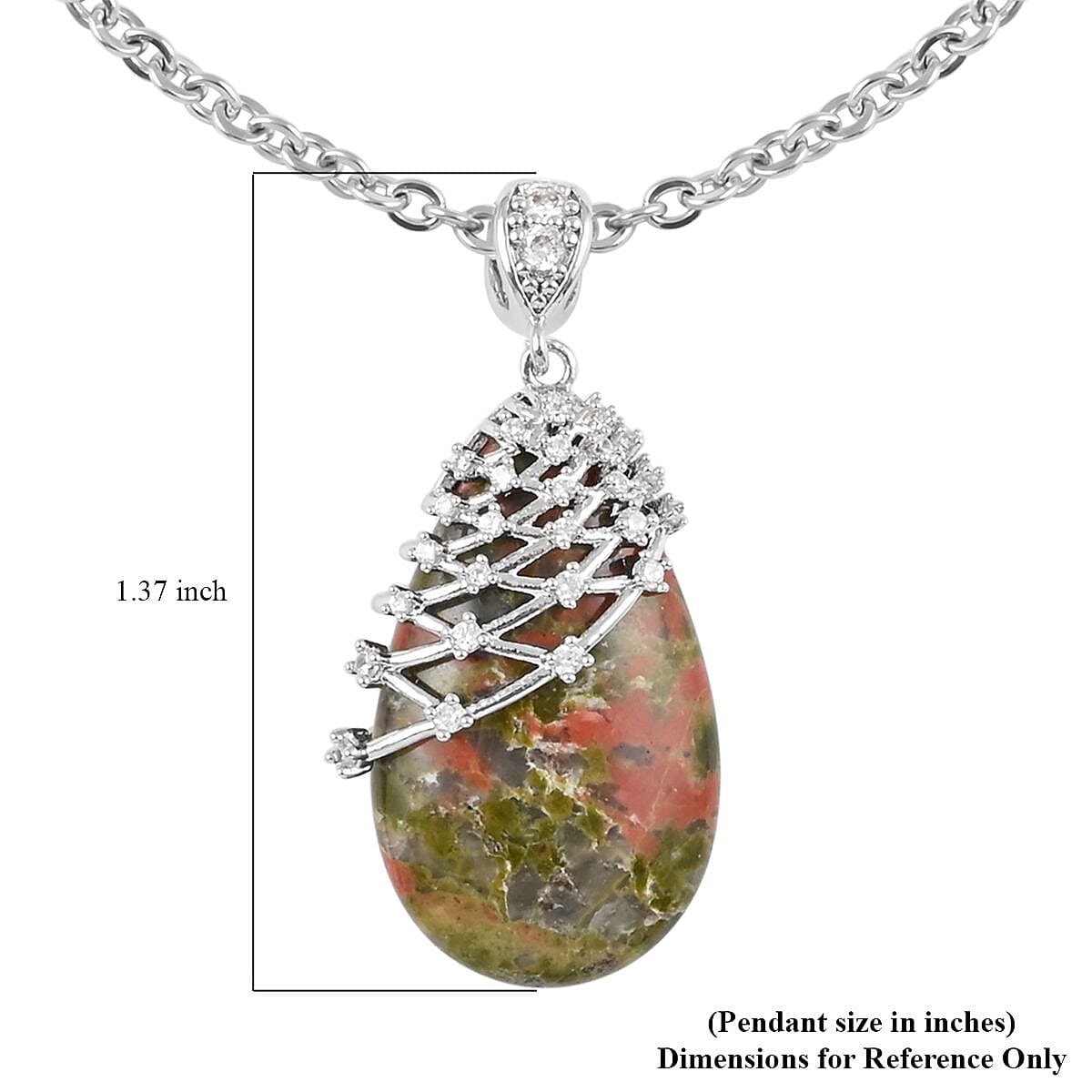 Unakite and White Zircon Pendant in Silvertone with Stainless Steel Necklace 18-20 Inches 21.00 ctw image number 6