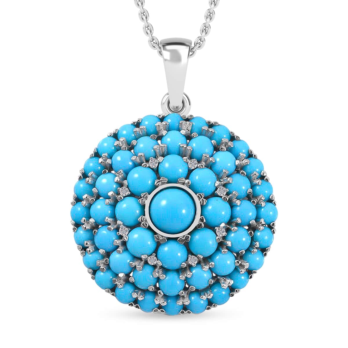 Premium Sleeping Beauty Turquoise, White Zircon Pendant Necklace, Turquoise Cocktail Cluster Pendant Necklace, 18 Inch Necklace in Platinum Over Sterling Silver 10.20 ctw image number 0
