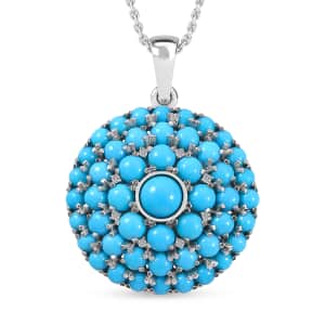 Premium Sleeping Beauty Turquoise, White Zircon Pendant Necklace, Turquoise Cocktail Cluster Pendant Necklace, 18 Inch Necklace in Platinum Over Sterling Silver 10.20 ctw
