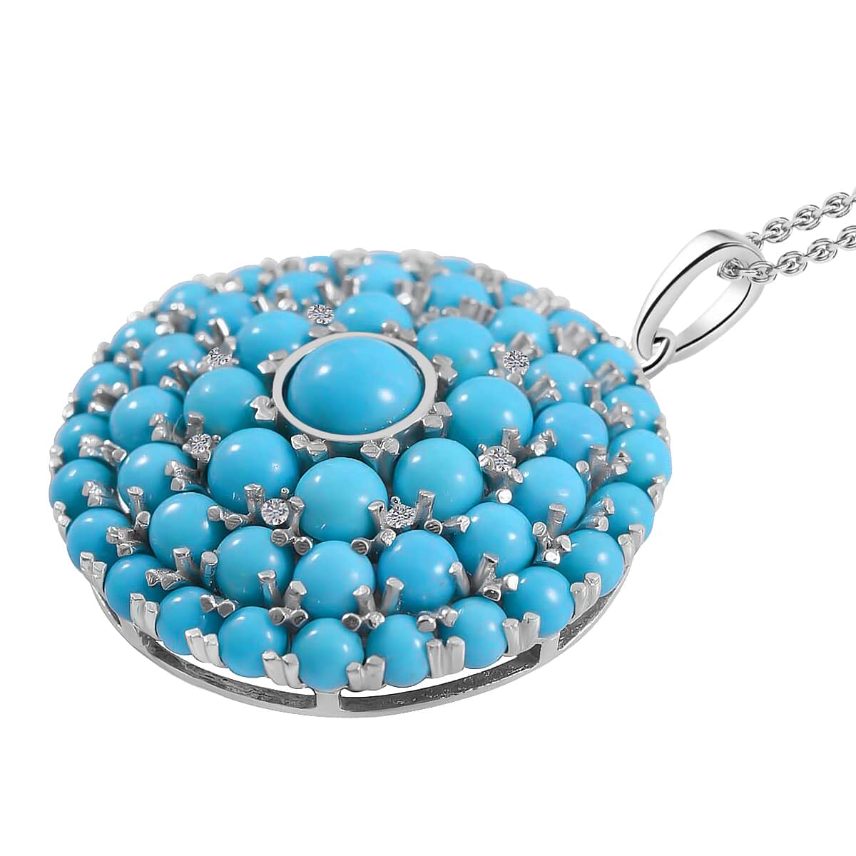 Premium Sleeping Beauty Turquoise, White Zircon Pendant Necklace, Turquoise Cocktail Cluster Pendant Necklace, 18 Inch Necklace in Platinum Over Sterling Silver 10.20 ctw image number 2