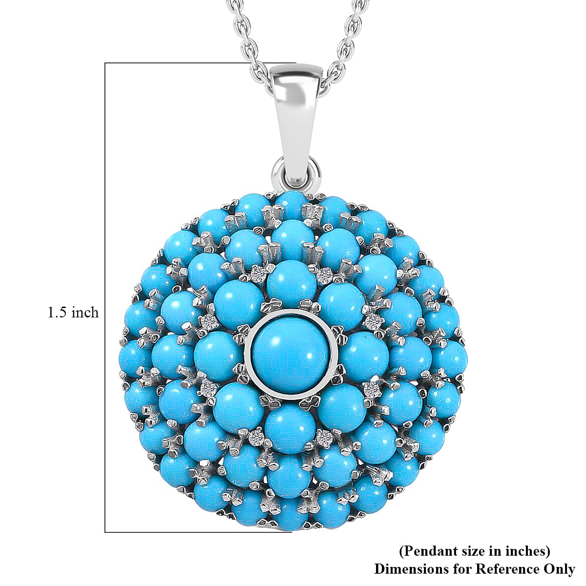 Premium Sleeping Beauty Turquoise, White Zircon 10.20 ctw Pendant Necklace, Turquoise Cocktail Cluster Pendant Necklace, 18 Inch Necklace in Platinum Over Sterling Silver