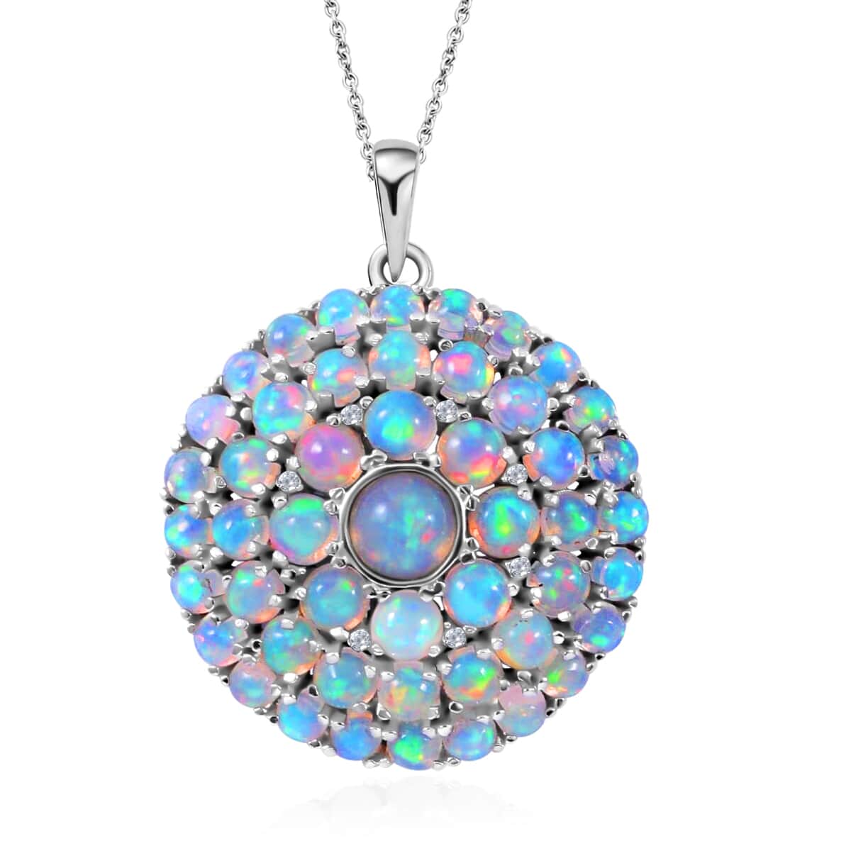 Premium Ethiopian Welo Opal 6.60 ctw Pendant Necklace, Opal Cocktail Cluster Pendant Necklace, 18 Inch Necklace in Platinum Over Sterling Silver image number 0