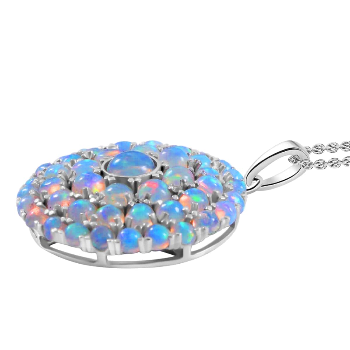 Premium Ethiopian Welo Opal 6.60 ctw Pendant Necklace, Opal Cocktail Cluster Pendant Necklace, 18 Inch Necklace in Platinum Over Sterling Silver image number 2