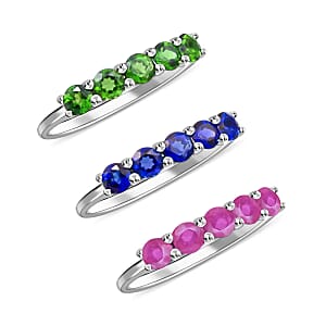 Madagascar Blue Sapphire (DF), Chrome Diopside, Niassa Ruby (FF) Set of 3 Ring in Platinum Over Sterling Silver,5 Stone Wedding Band Ring For Women,Gifts For Her 3.60 ctw