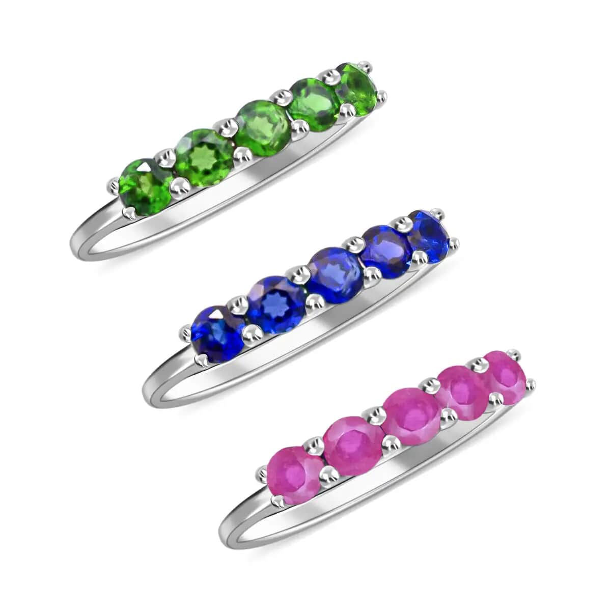 Doorbuster Madagascar Blue Sapphire (DF), Natural Chrome Diopside, Niassa Ruby Set of 3 Ring in Platinum Over Sterling Silver 3.75 ctw image number 0