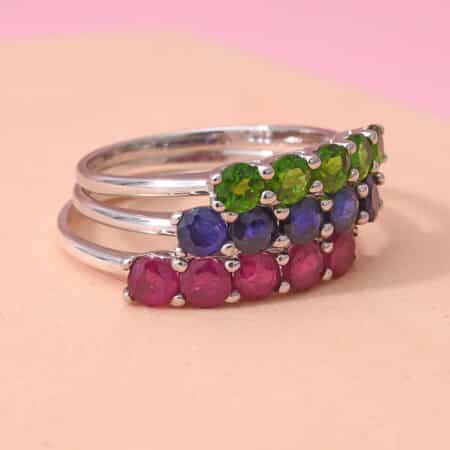 Doorbuster Madagascar Blue Sapphire (DF), Natural Chrome Diopside, Niassa Ruby Set of 3 Ring in Platinum Over Sterling Silver 3.75 ctw image number 1