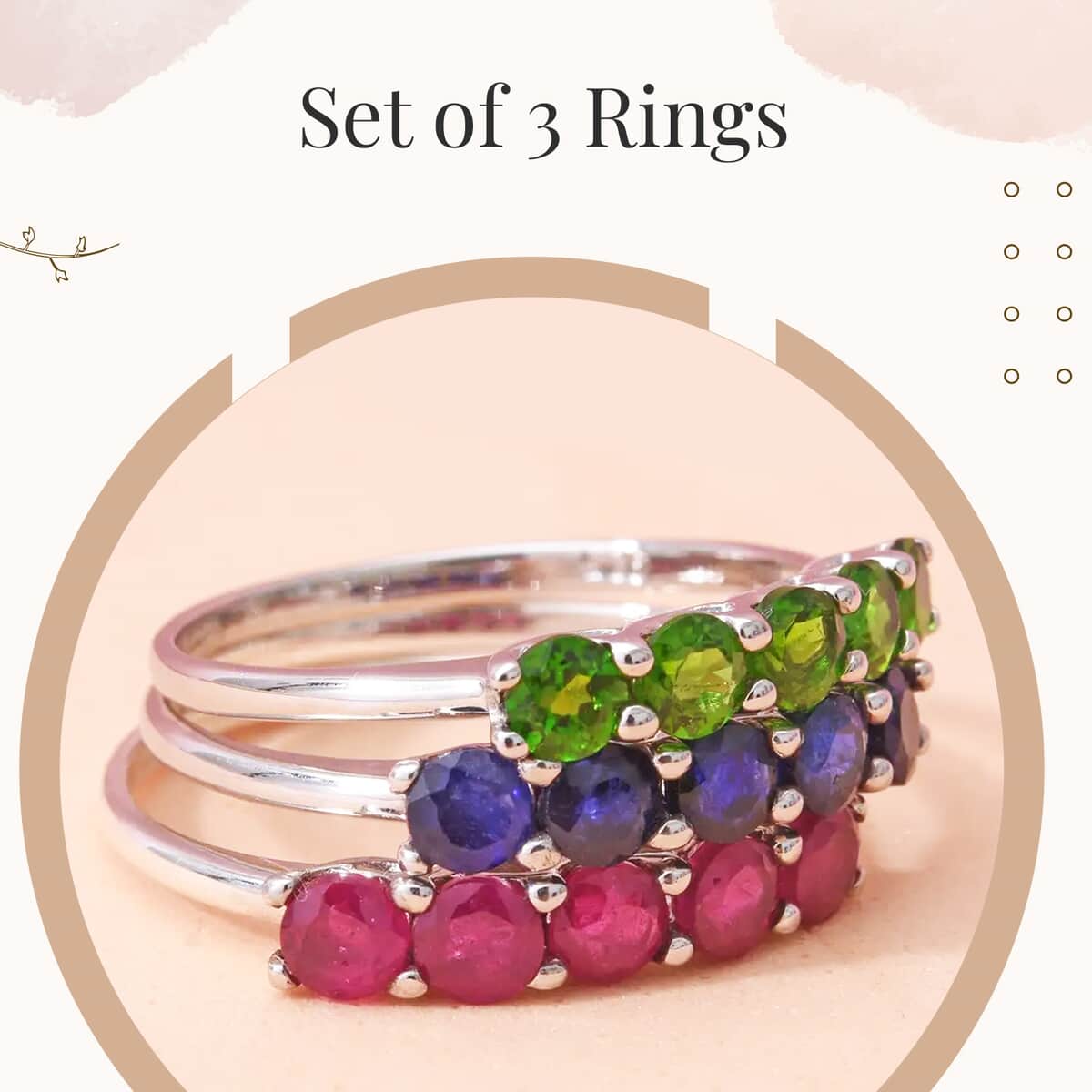 Doorbuster Madagascar Blue Sapphire (DF), Natural Chrome Diopside, Niassa Ruby Set of 3 Ring in Platinum Over Sterling Silver 3.75 ctw image number 2