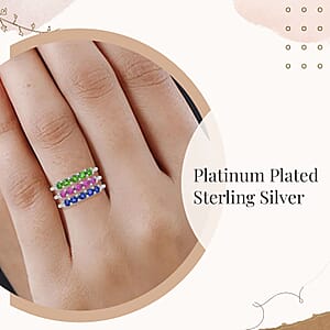 Madagascar Blue Sapphire (DF), Chrome Diopside, Niassa Ruby (FF) Set of 3 Ring in Platinum Over Sterling Silver,5 Stone Wedding Band Ring For Women,Gifts For Her 3.60 ctw