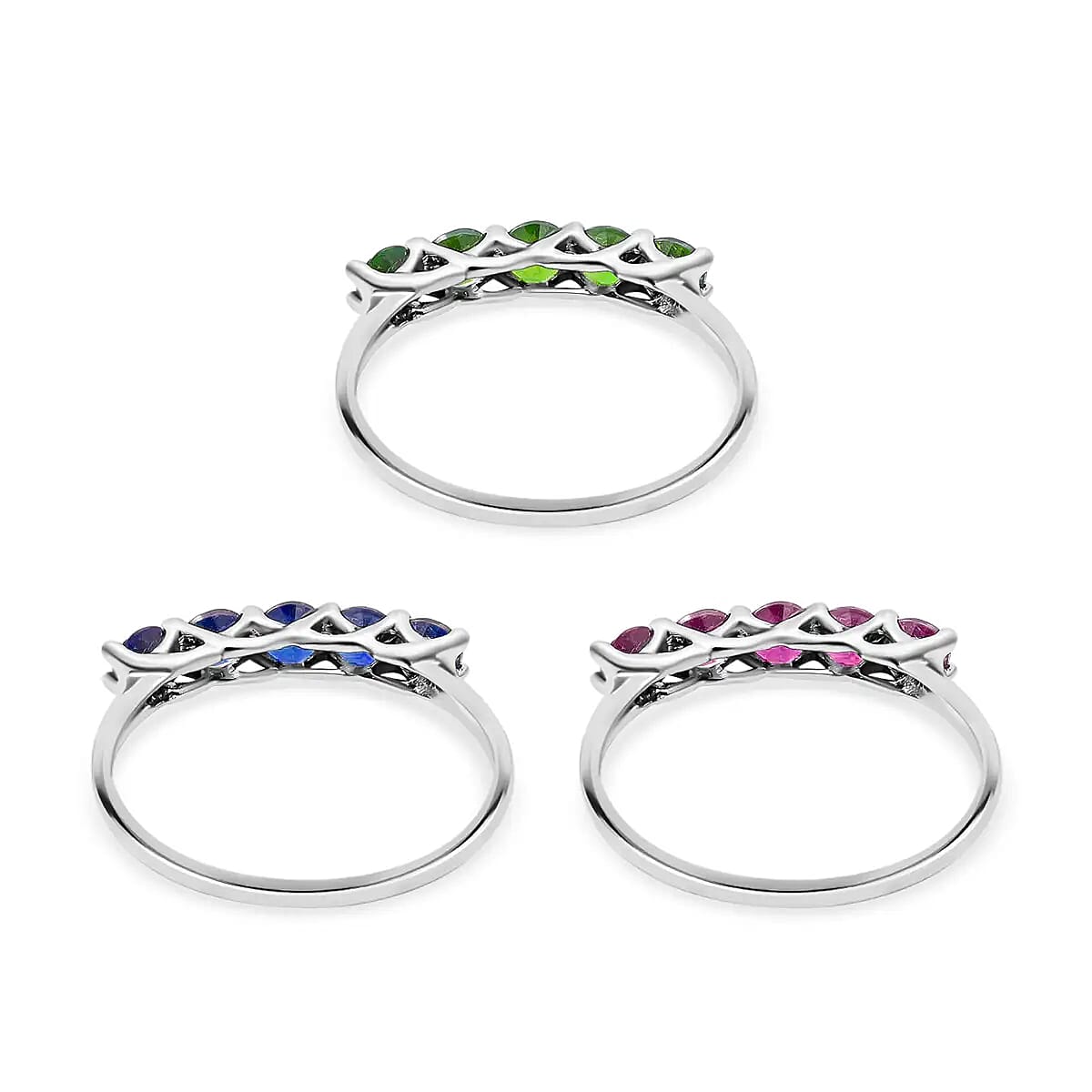 Doorbuster Madagascar Blue Sapphire (DF), Natural Chrome Diopside, Niassa Ruby Set of 3 Ring in Platinum Over Sterling Silver 3.75 ctw