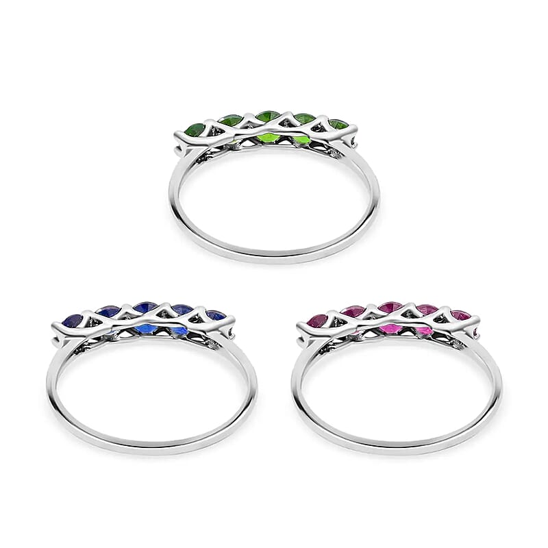 Madagascar Blue Sapphire (DF), Chrome Diopside, Niassa Ruby (FF) Set of 3 Ring in Platinum Over Sterling Silver,5 Stone Wedding Band Ring For Women,Gifts For Her 3.60 ctw