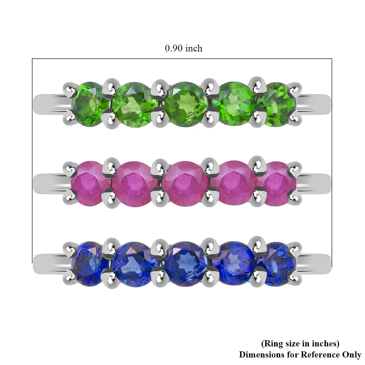 Doorbuster Madagascar Blue Sapphire (DF), Natural Chrome Diopside, Niassa Ruby Set of 3 Ring in Platinum Over Sterling Silver 3.75 ctw