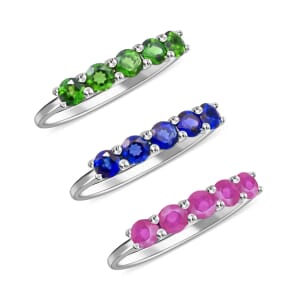 Madagascar Blue Sapphire (DF), Chrome Diopside, Niassa Ruby (FF) Set of 3 Ring in Platinum Over Sterling Silver,5 Stone Wedding Band Ring For Women,Gifts For Her 3.60 ctw