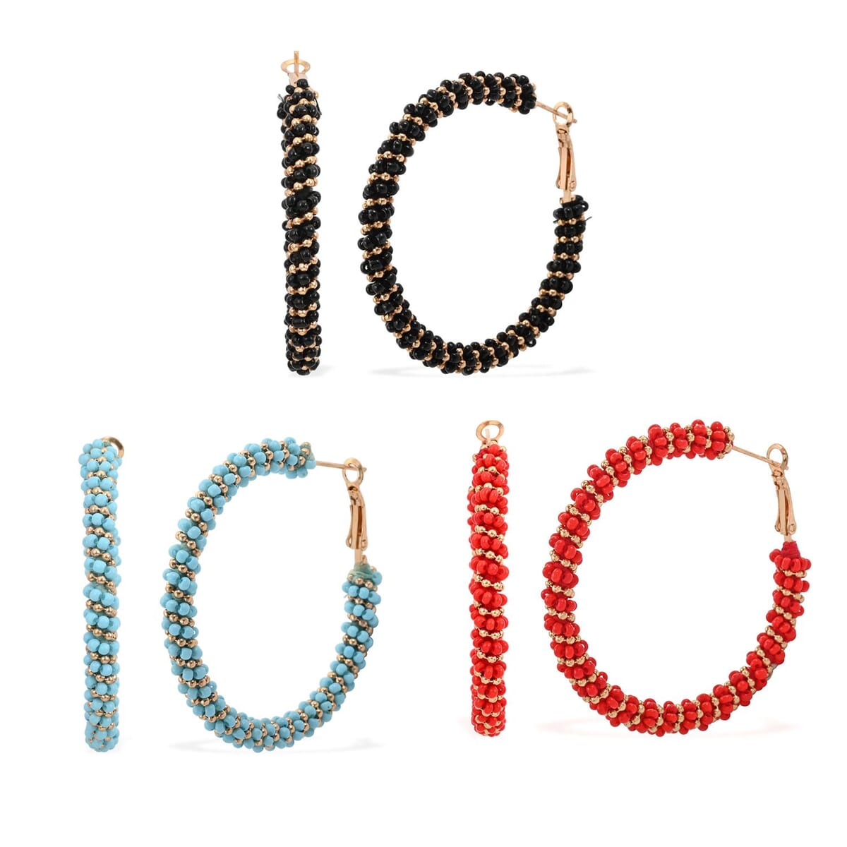 Set of 3 Black, Blue and Red Seed Beaded Hoop Earrings in Rosetone image number 0
