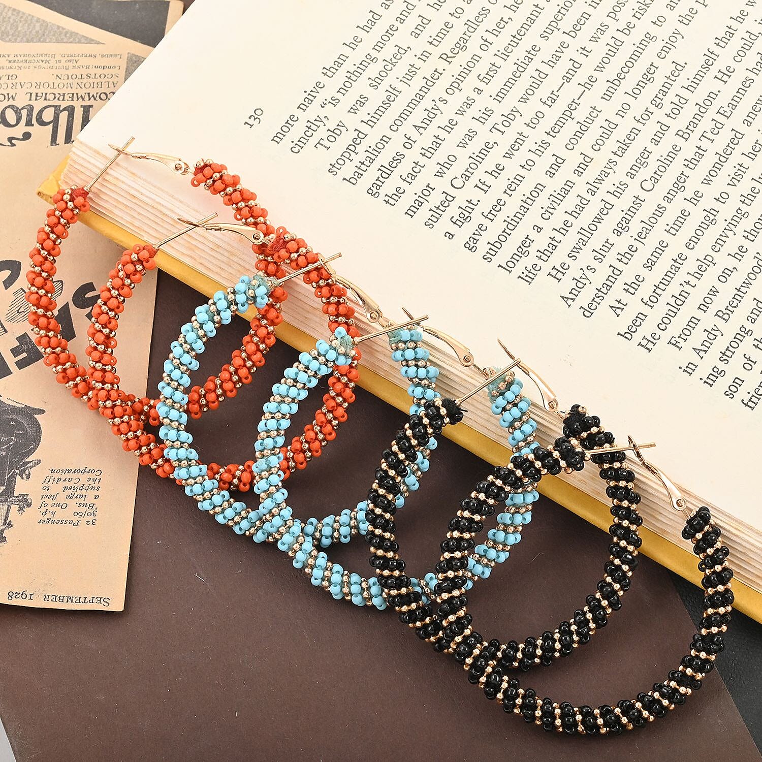 Set of 3 Black, Blue and Red Seed Beaded Hoop Earrings in Rosetone