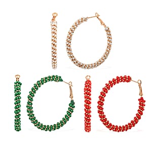 Set of 3 White, Red and Green Seed Beaded Hoop Earrings in Rosetone