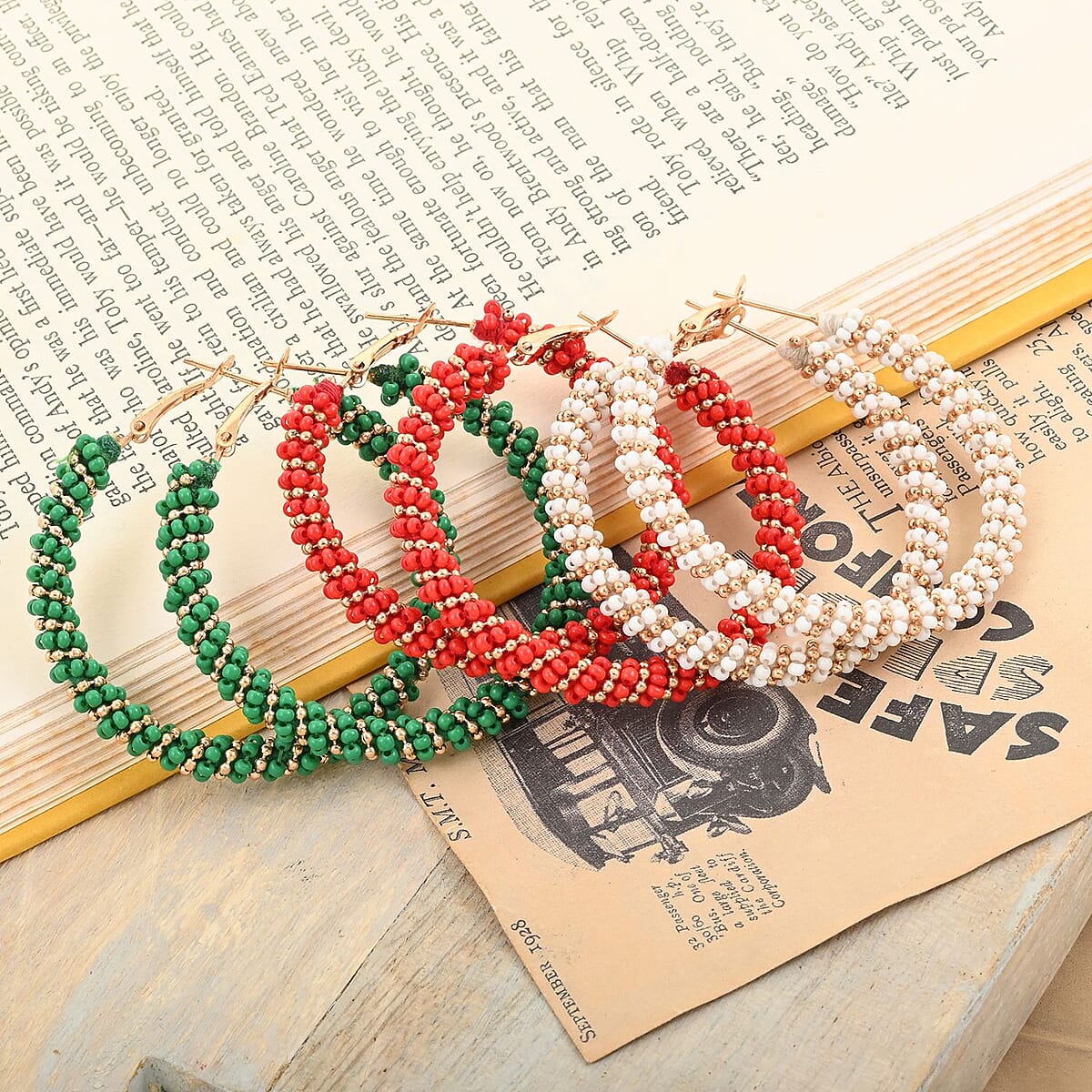 Set of 3 White, Red and Green Seed Beaded Hoop Earrings in Rosetone image number 1