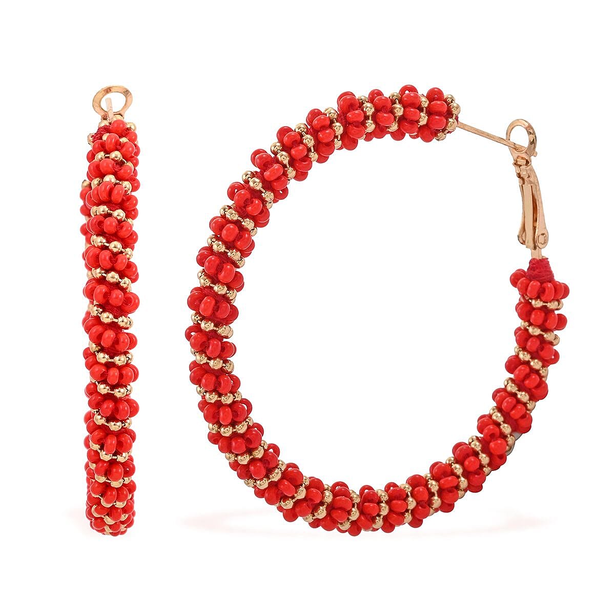 Set of 3 White, Red and Green Seed Beaded Hoop Earrings in Rosetone image number 2