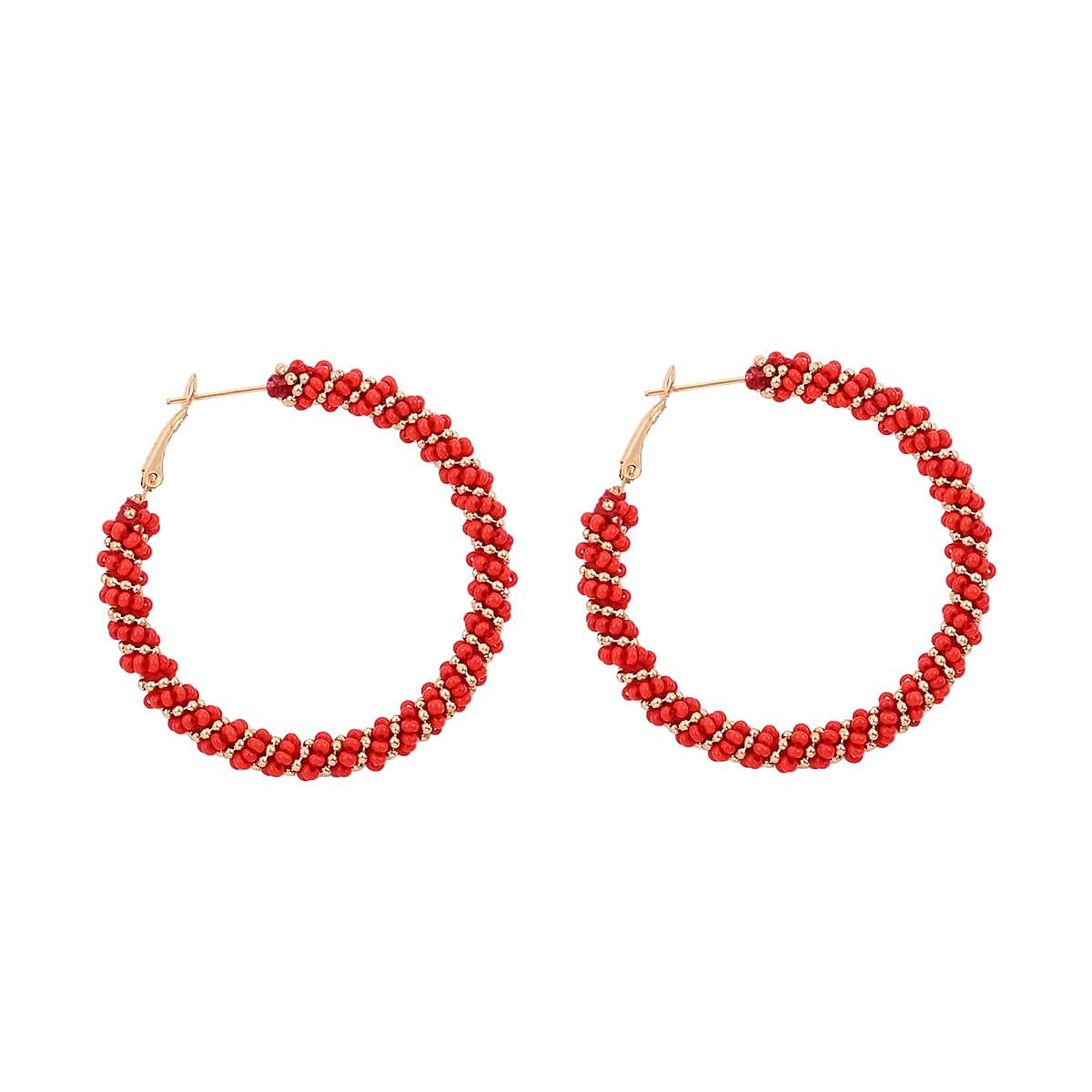 Set of 3 White, Red and Green Seed Beaded Hoop Earrings in Rosetone image number 3
