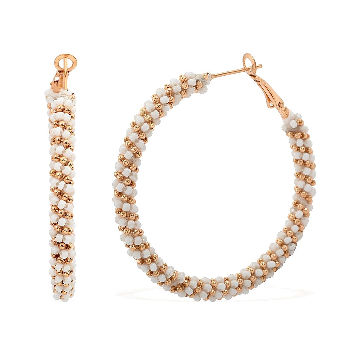 Set of 3 White, Red and Green Seed Beaded Hoop Earrings in Rosetone image number 4