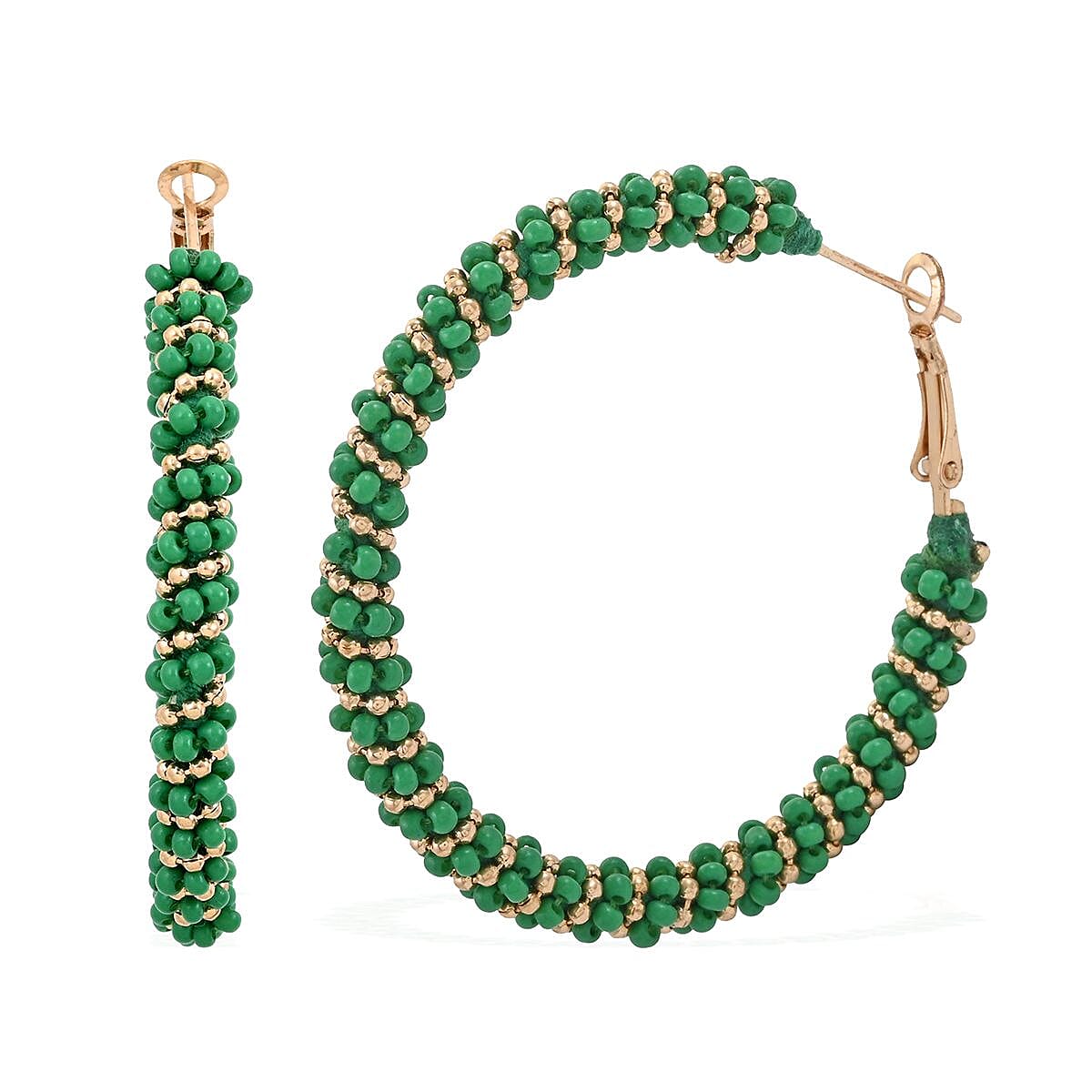 Set of 3 White, Red and Green Seed Beaded Hoop Earrings in Rosetone image number 6