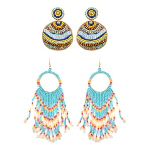Set of 2 Multi Color Seed Beaded Dangle Earrings in Goldtone