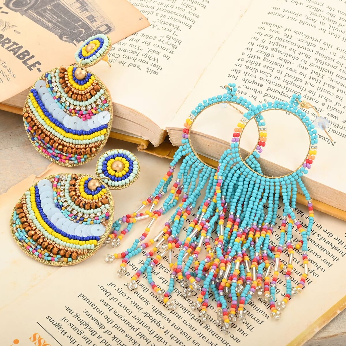 Set of 2 Multi Color Seed Beaded Dangle Earrings in Goldtone image number 1