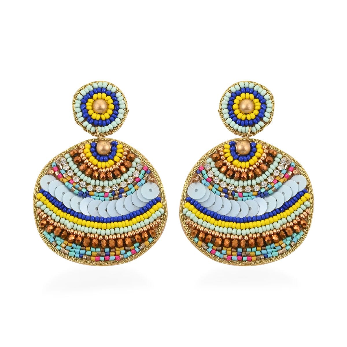 Set of 2 Multi Color Seed Beaded Dangle Earrings in Goldtone image number 2