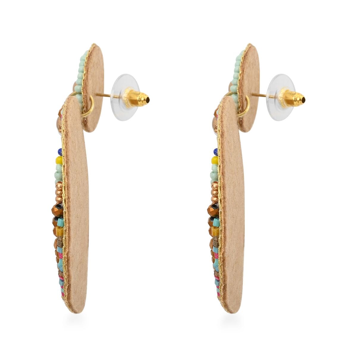 Set of 2 Multi Color Seed Beaded Dangle Earrings in Goldtone image number 3