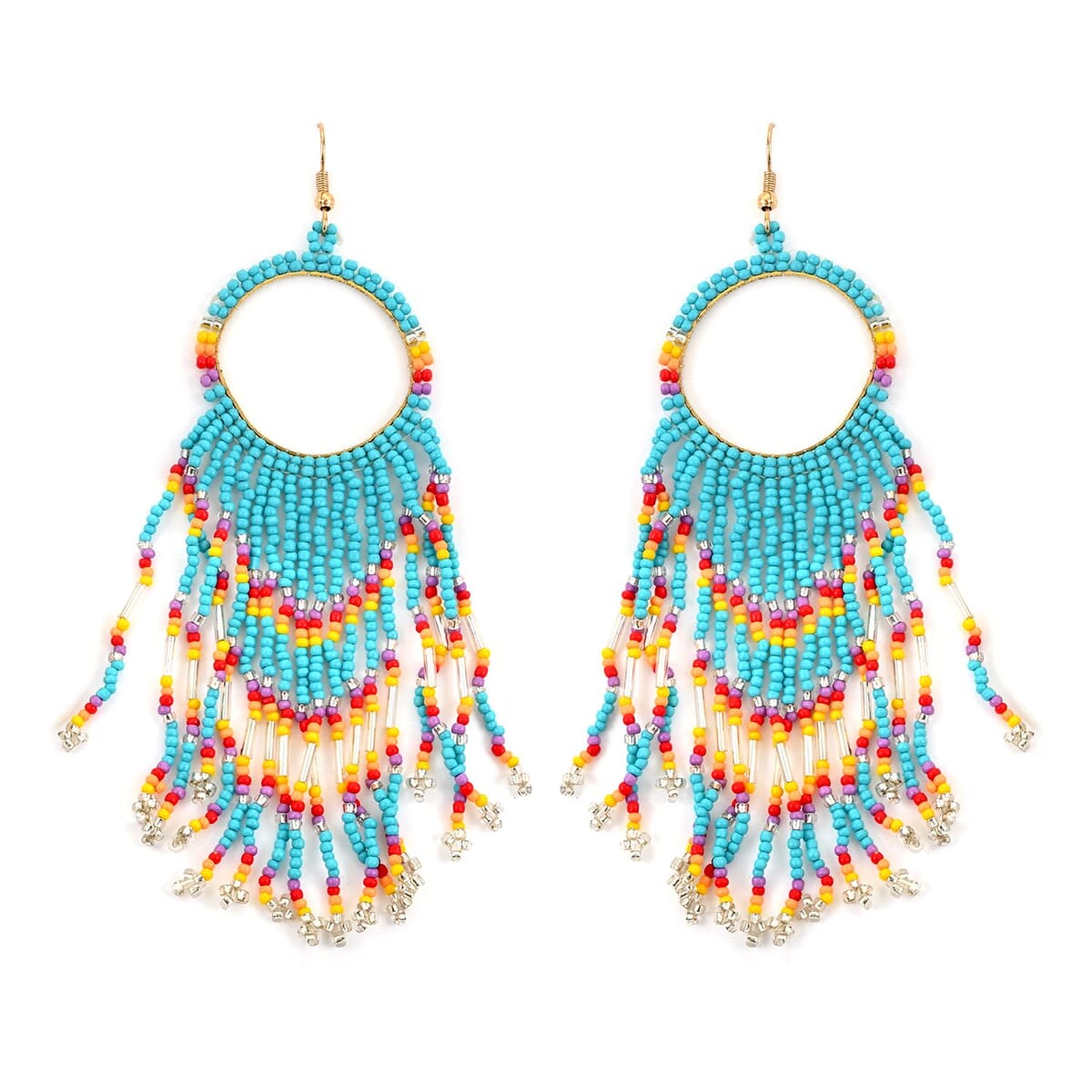Set of 2 Multi Color Seed Beaded Dangle Earrings in Goldtone image number 5