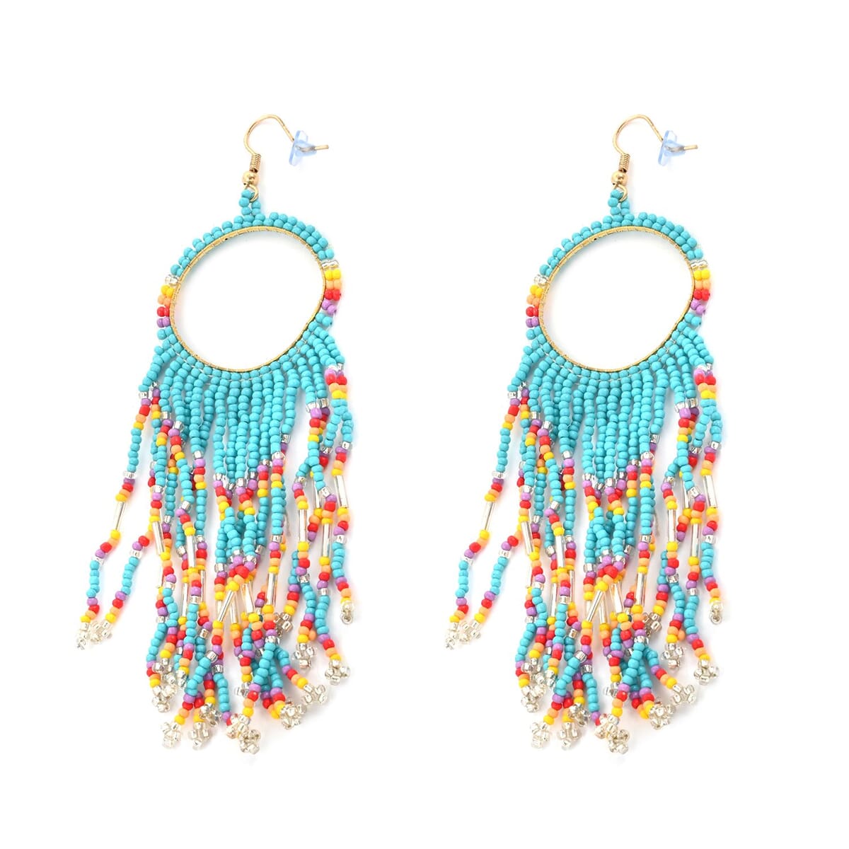 Set of 2 Multi Color Seed Beaded Dangle Earrings in Goldtone image number 6