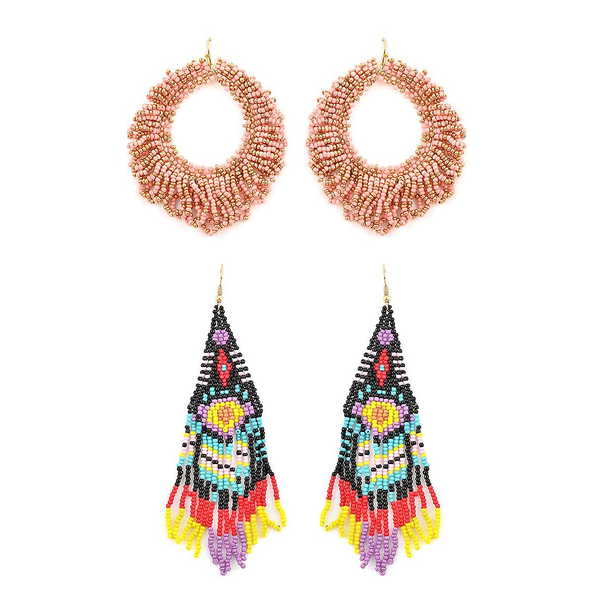 Set of 2 Multi Color Seed Beaded Dangle Earrings in Goldtone image number 0