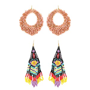 Set of 2 Multi Color Seed Beaded Dangle Earrings in Goldtone