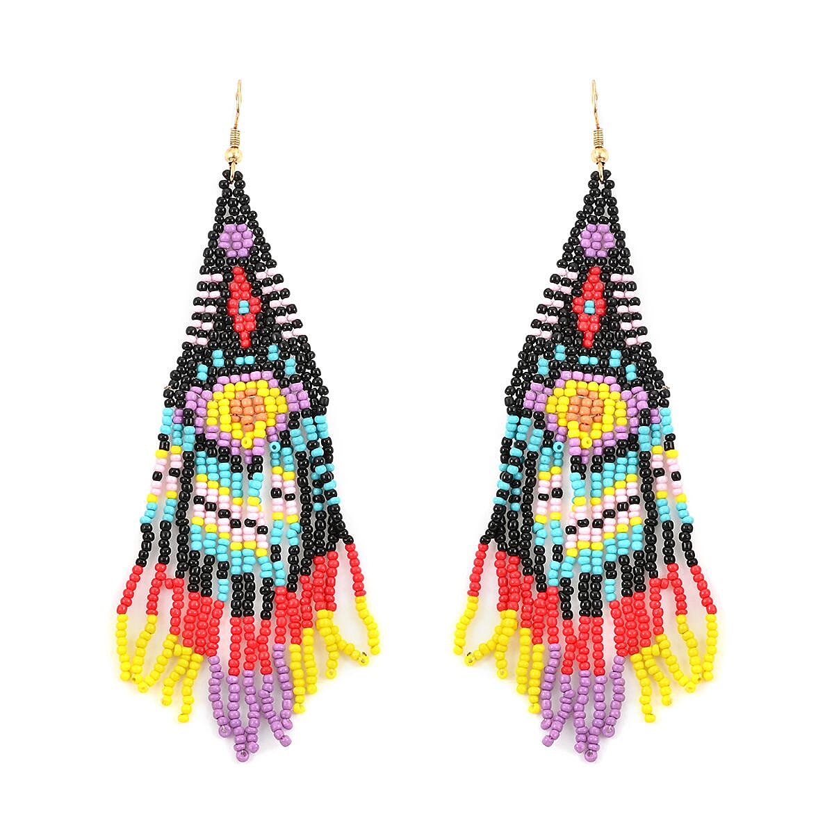 Set of 2 Multi Color Seed Beaded Dangle Earrings in Goldtone image number 5