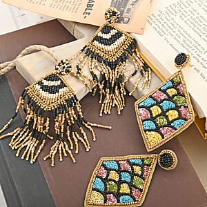 Set of 2 Multi Color Seed Beaded Earrings in Goldtone