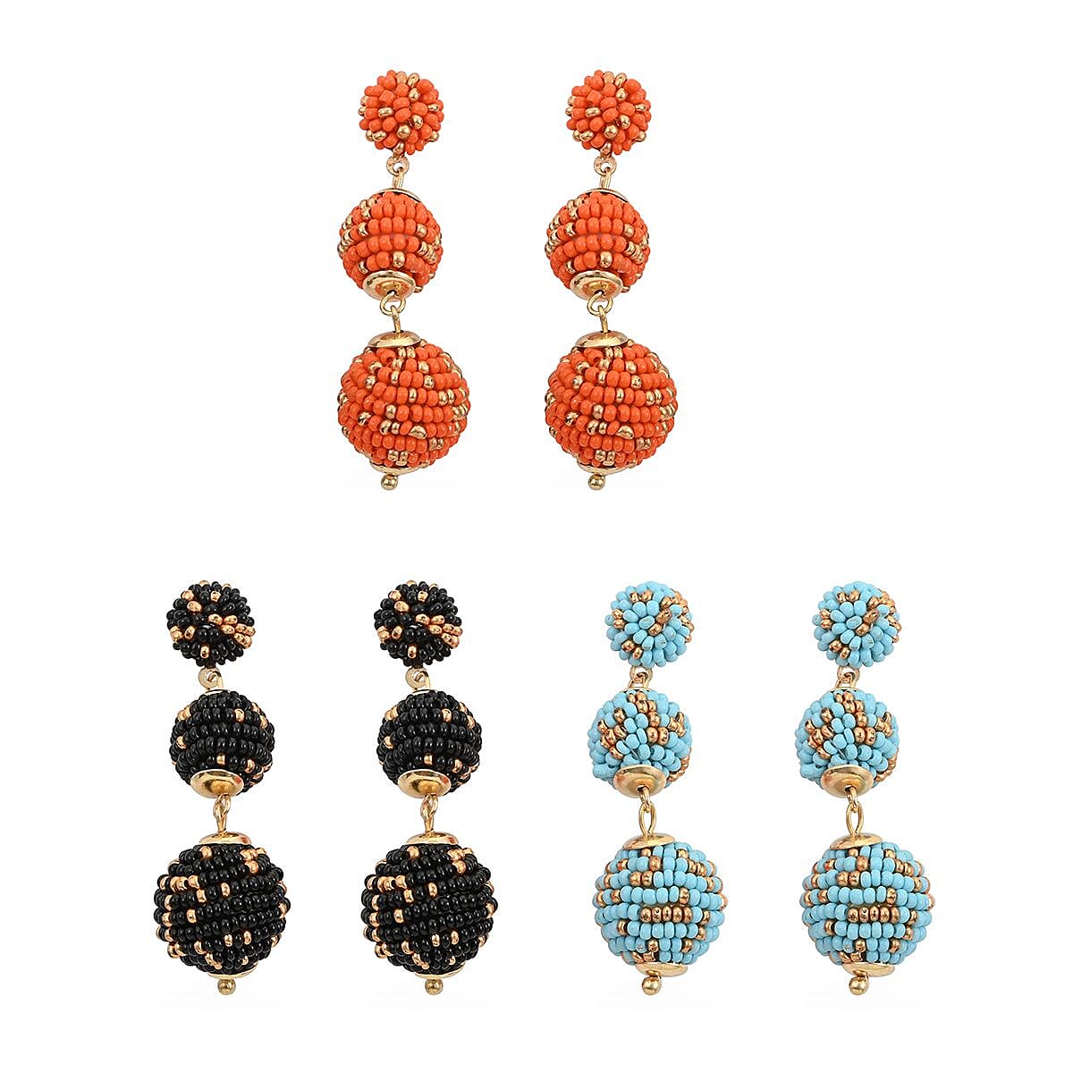 Set of 3 Turquoise, Black and Orange Color Seed Beaded Earrings in Goldtone